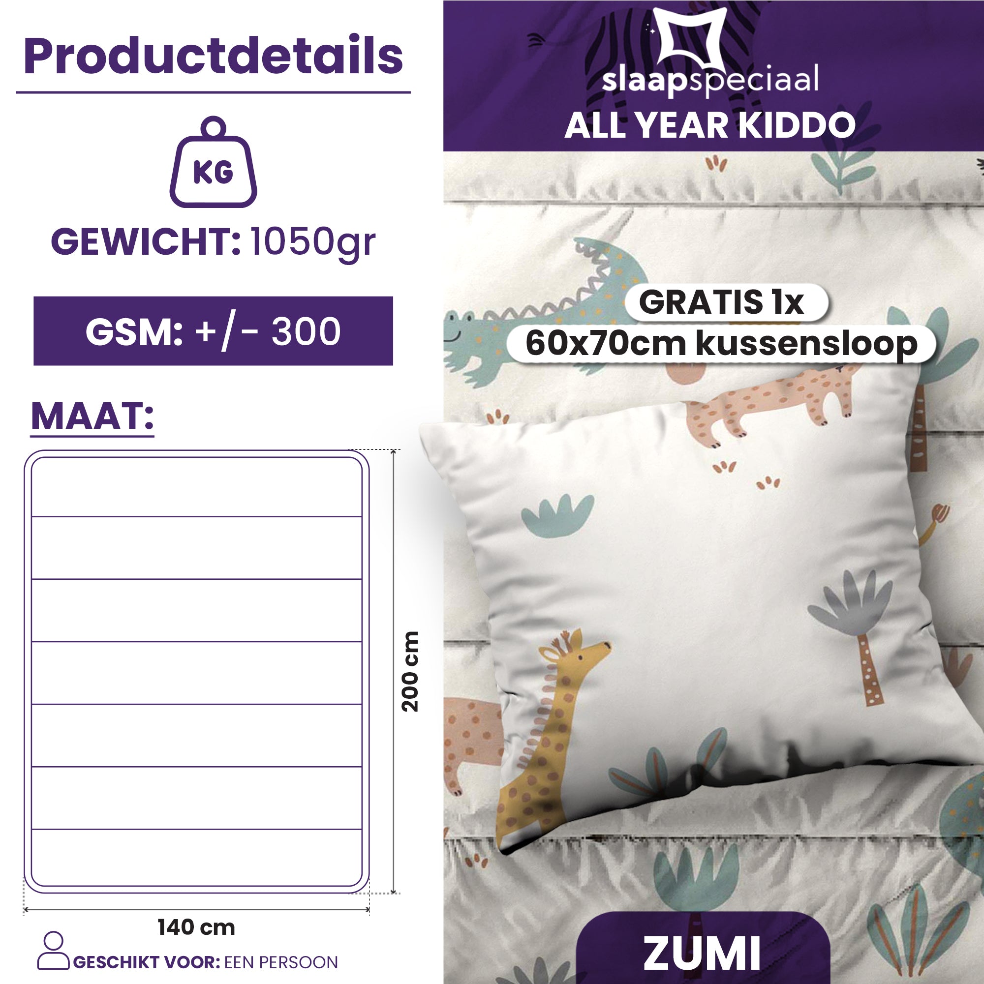 eazydekbed® Kinderdekbed 140x200 cm – Zumi – Hoesloos & Wasbaar – Voor het hele jaar – 100% katoen + GRATIS kussensloop