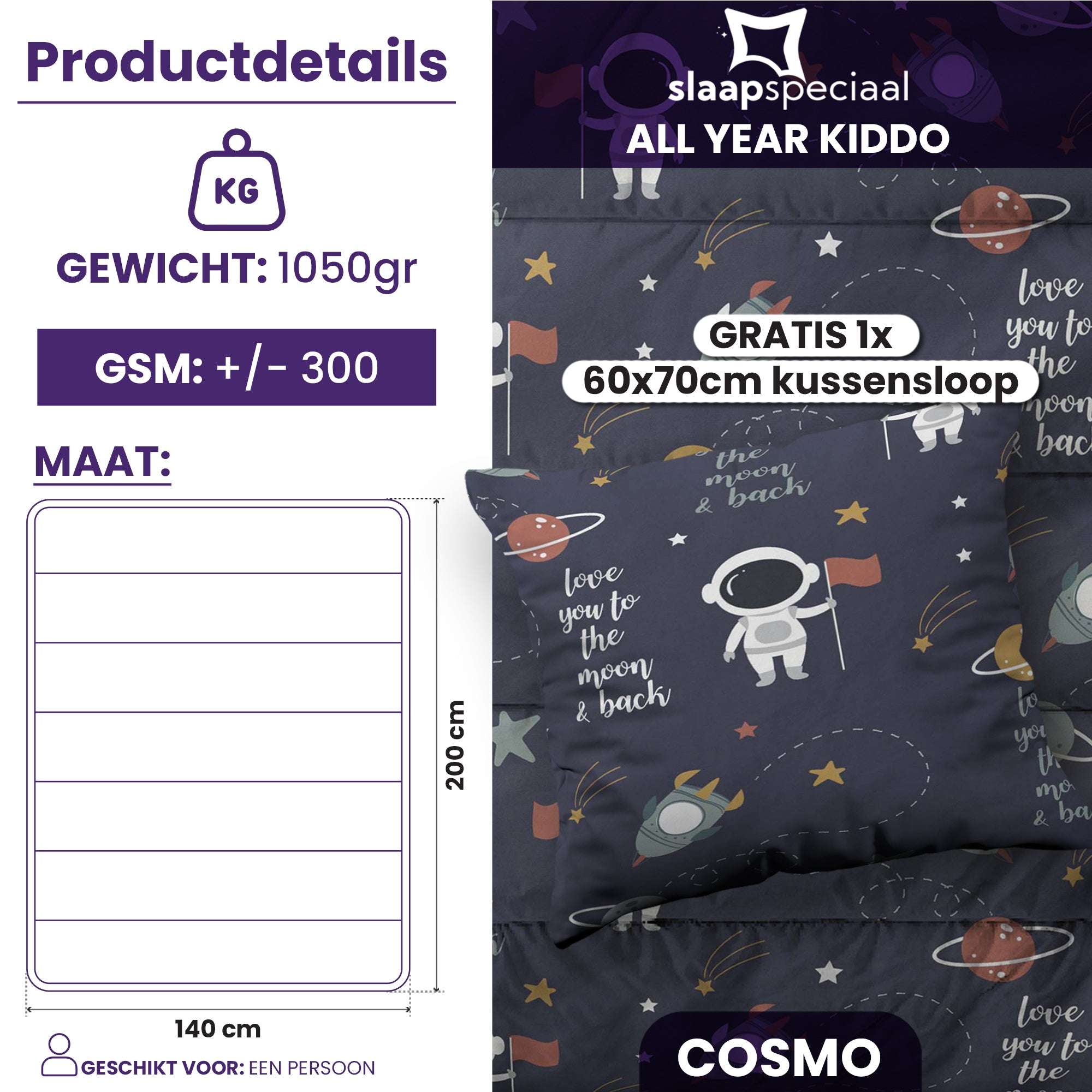 eazydekbed® Kinderdekbed 140x200 cm – Cosmo – Hoesloos & Wasbaar – Voor het hele jaar – 100% katoen + GRATIS kussensloop