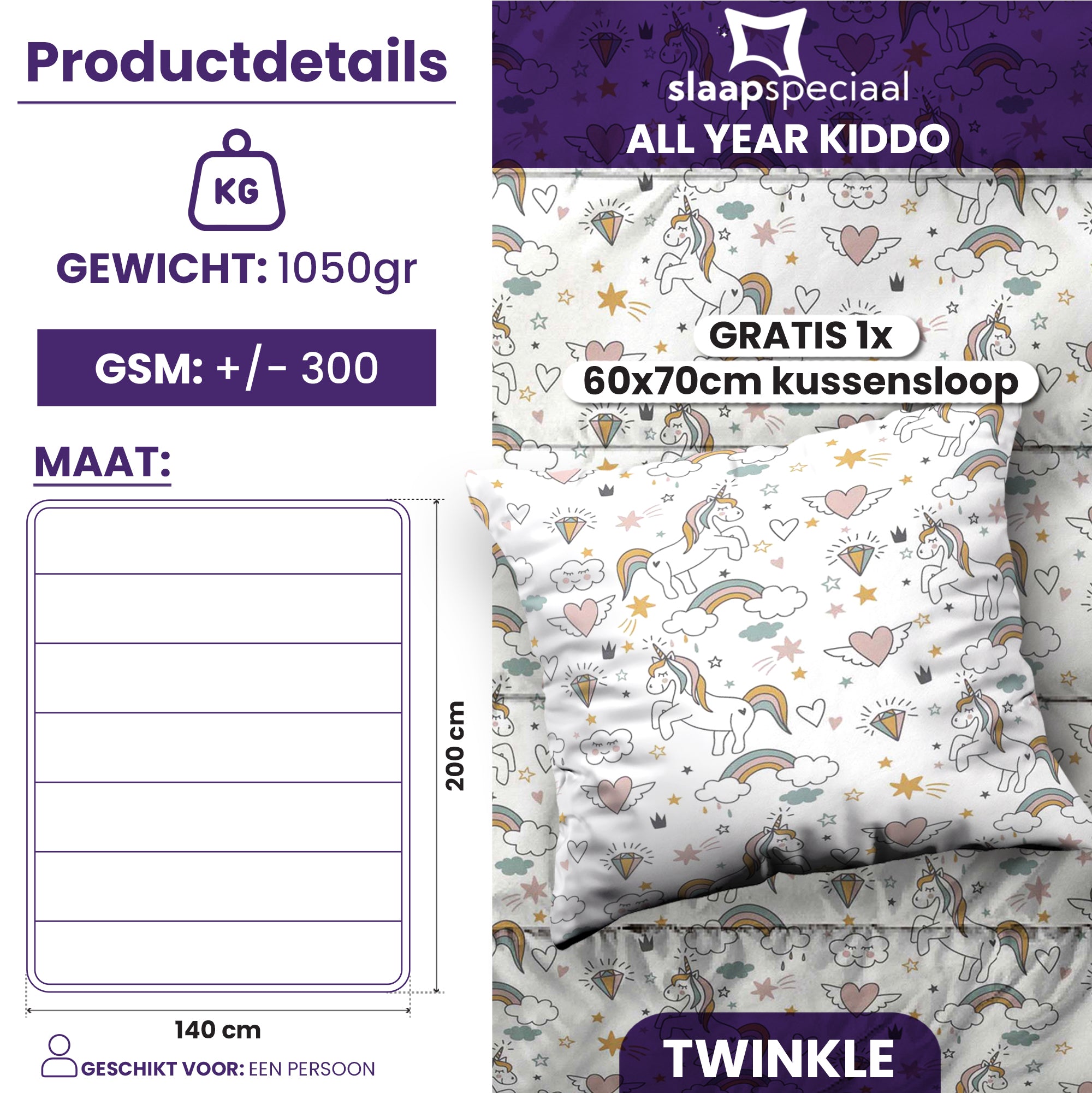 eazydekbed® Kinderdekbed 140x200 cm – Twinkle – Hoesloos & Wasbaar – Voor het hele jaar – 100% katoen + GRATIS kussensloop