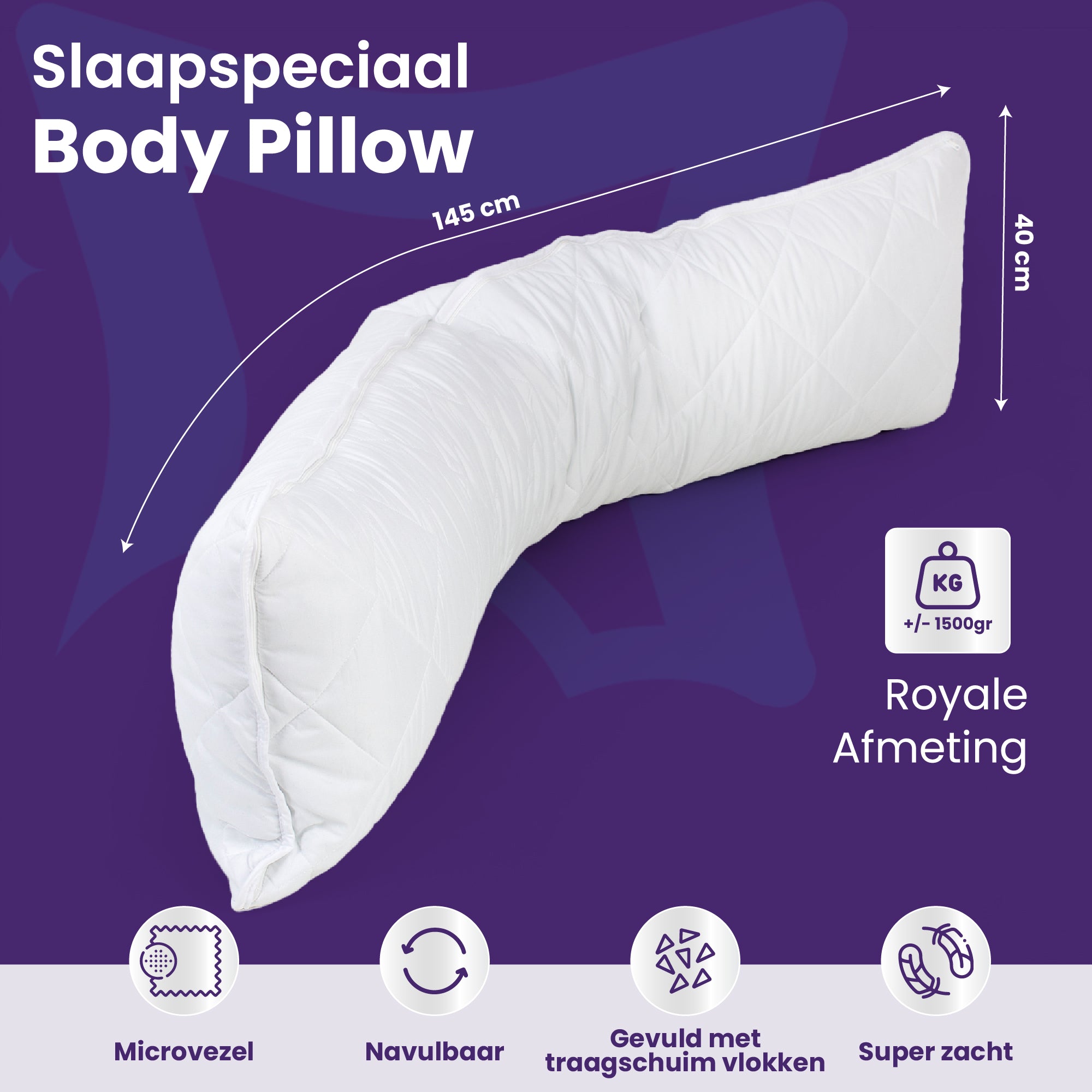 Slaapspeciaal Lichaamskussen - 40x145 cm - Navulbaar - Ergonomisch - Traagschuim