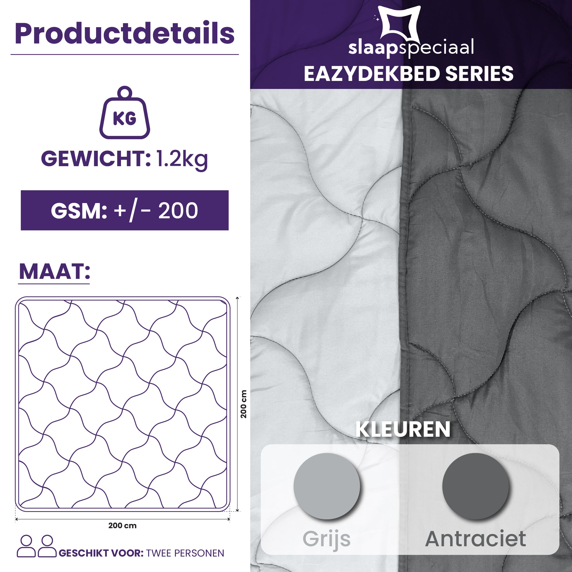 eazydekbed® Zomerdekbed – Antraciet/Grijs – Hoesloos & Wasbaar