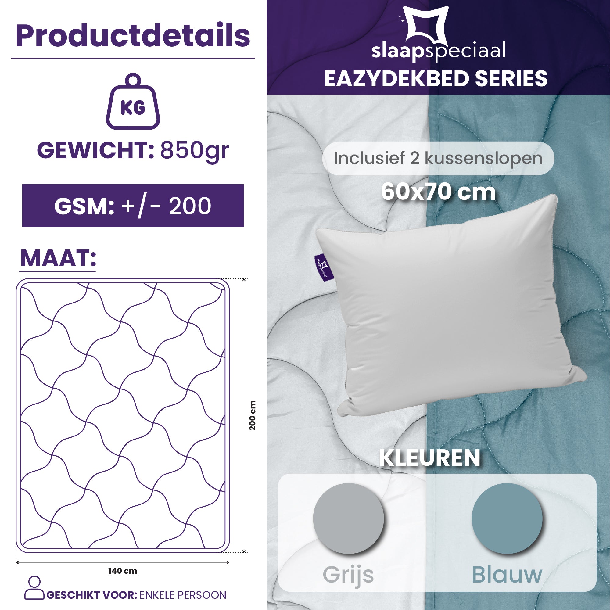 eazydekbed® - Zomerdekbed - Blauw/Grijs + Gratis Kussenslopen
