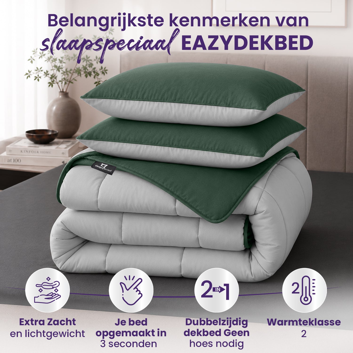 eazydekbed® - All-year - Groen/Grijs + Kussenslopen