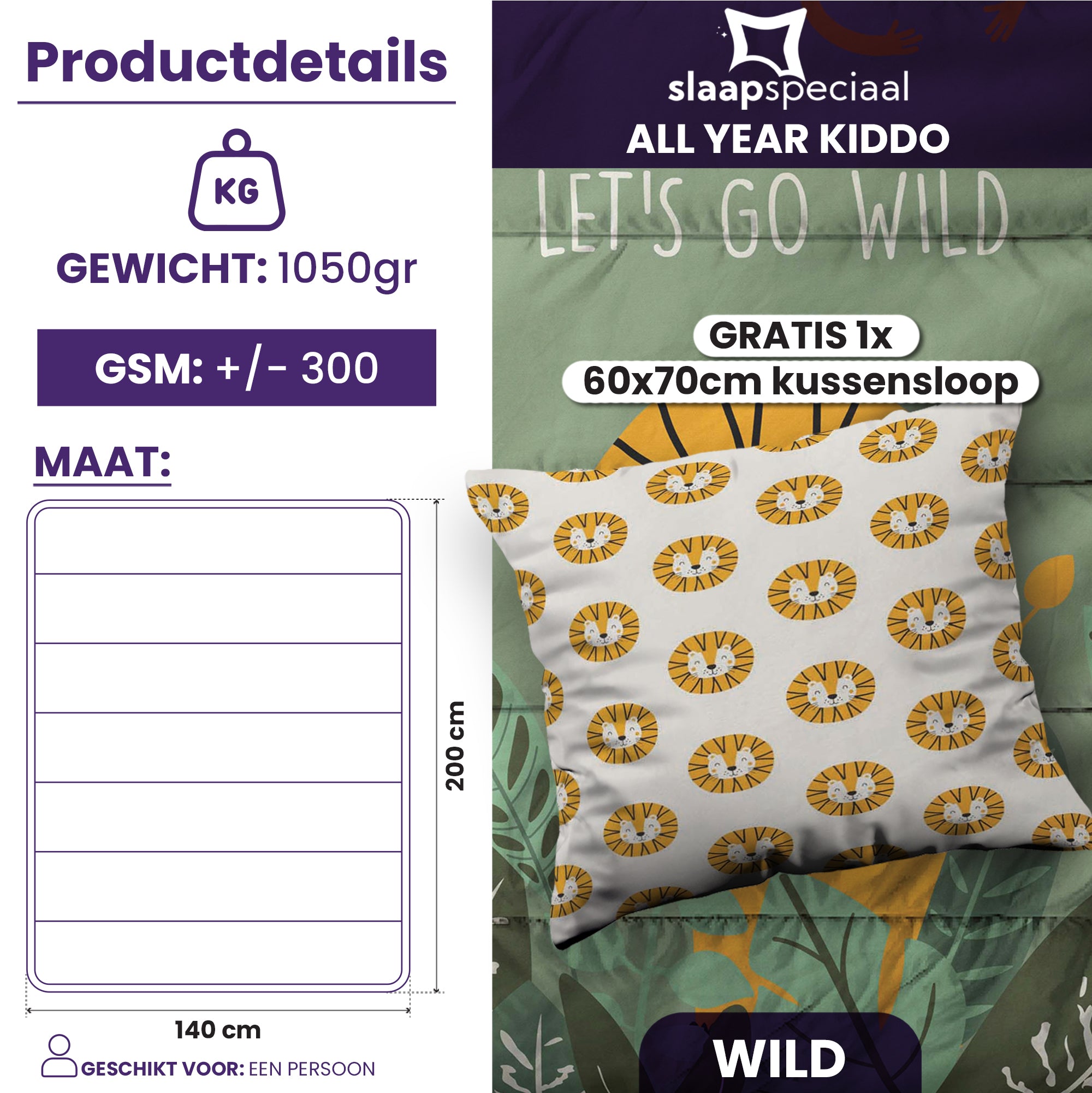 eazydekbed® Kinderdekbed 140x200 cm – Wild – Hoesloos & Wasbaar – Voor het hele jaar – 100% katoen + GRATIS kussensloop