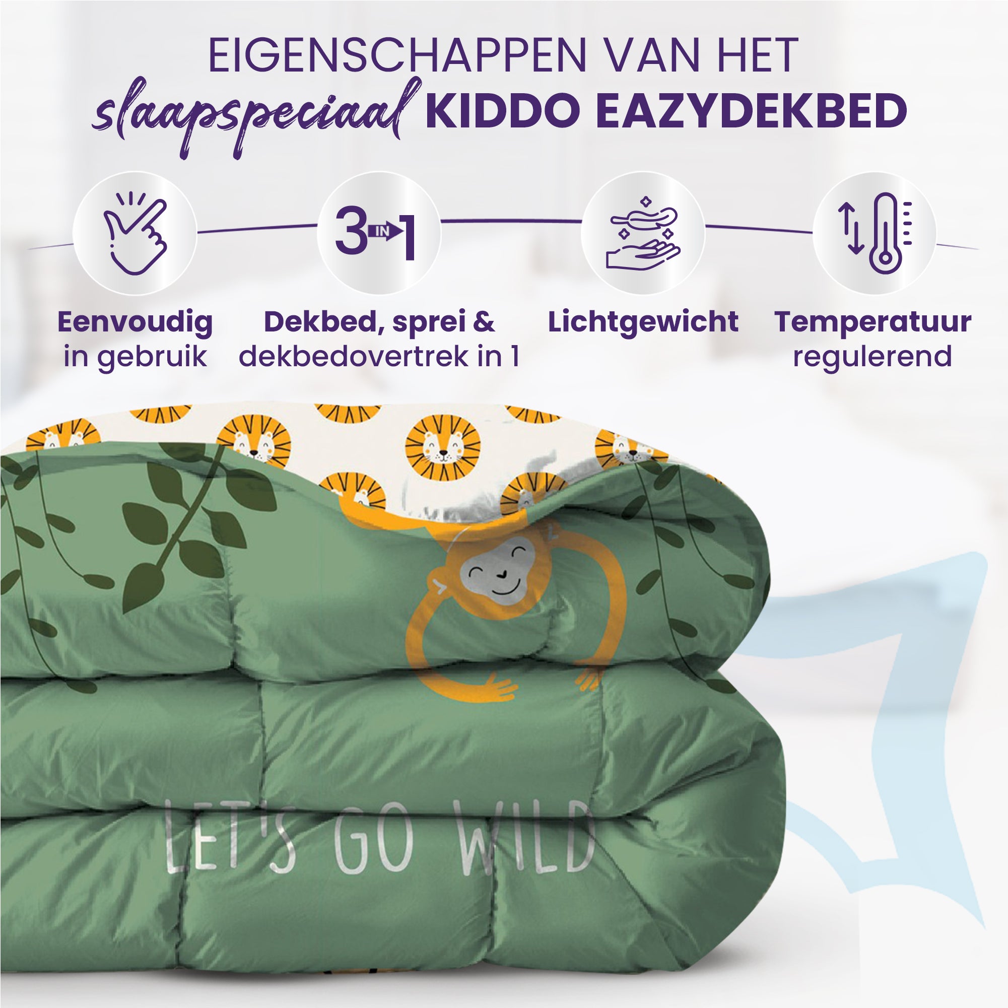 eazydekbed® Kinderdekbed 140x200 cm – Wild – Hoesloos & Wasbaar – Voor het hele jaar – 100% katoen + GRATIS kussensloop