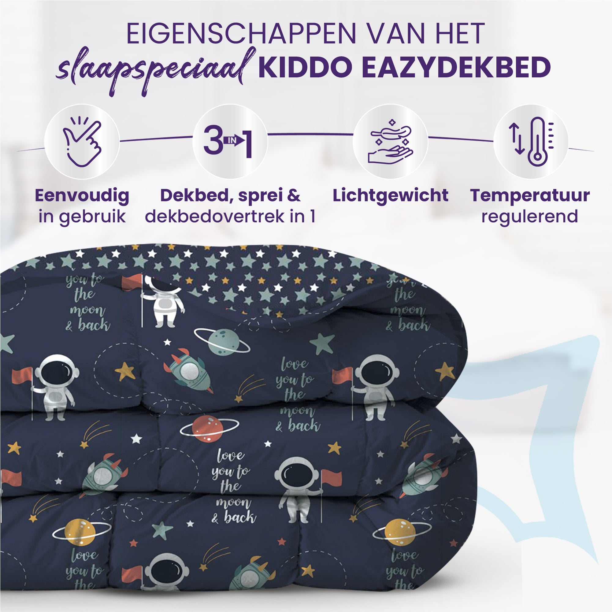eazydekbed® Kinderdekbed 140x200 cm – Cosmo – Hoesloos & Wasbaar – Voor het hele jaar – 100% katoen + GRATIS kussensloop