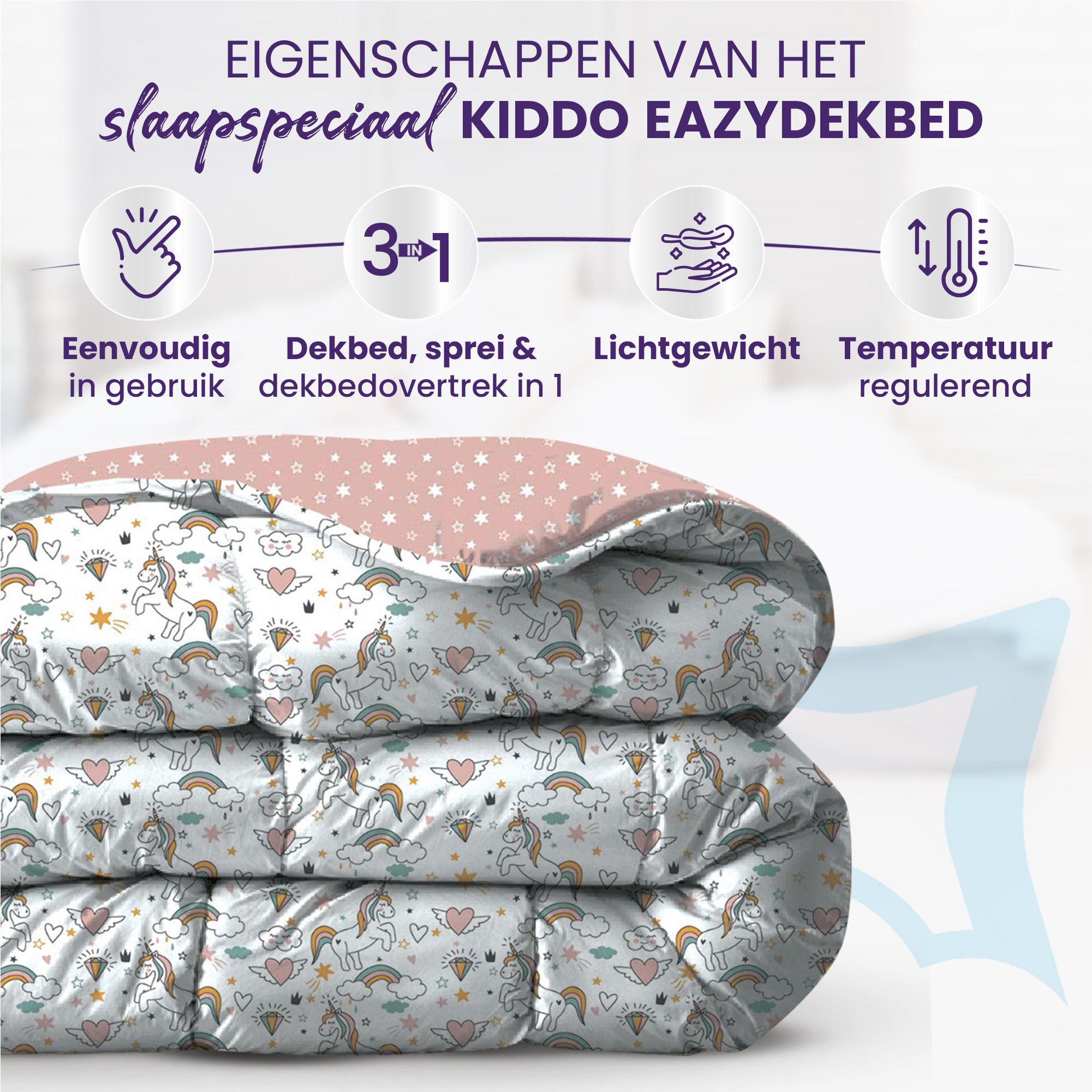 eazydekbed® Kinderdekbed 140x200 cm – Twinkle – Hoesloos & Wasbaar – Voor het hele jaar – 100% katoen + GRATIS kussensloop