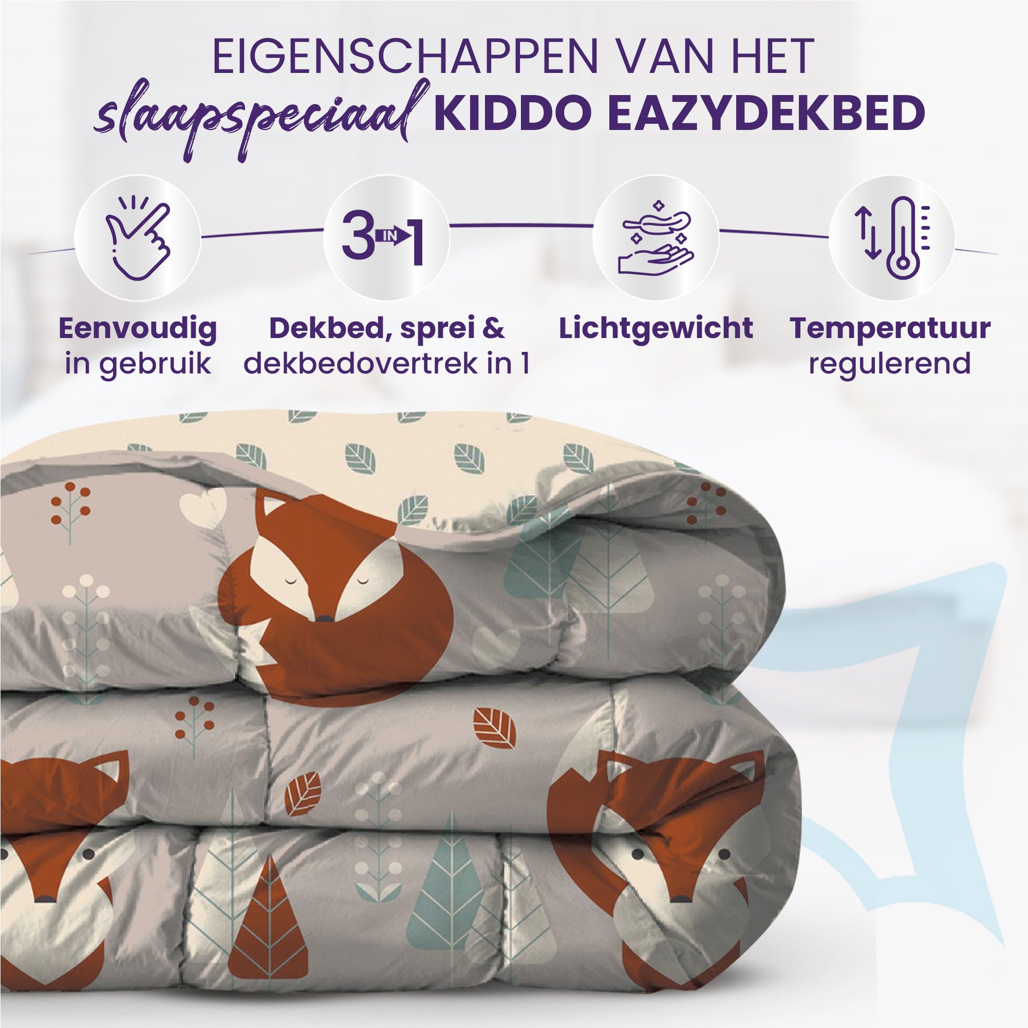 eazydekbed® Kinderdekbed 140x200 cm – Foxy – Hoesloos & Wasbaar – Voor het hele jaar – 100% katoen + GRATIS kussensloop