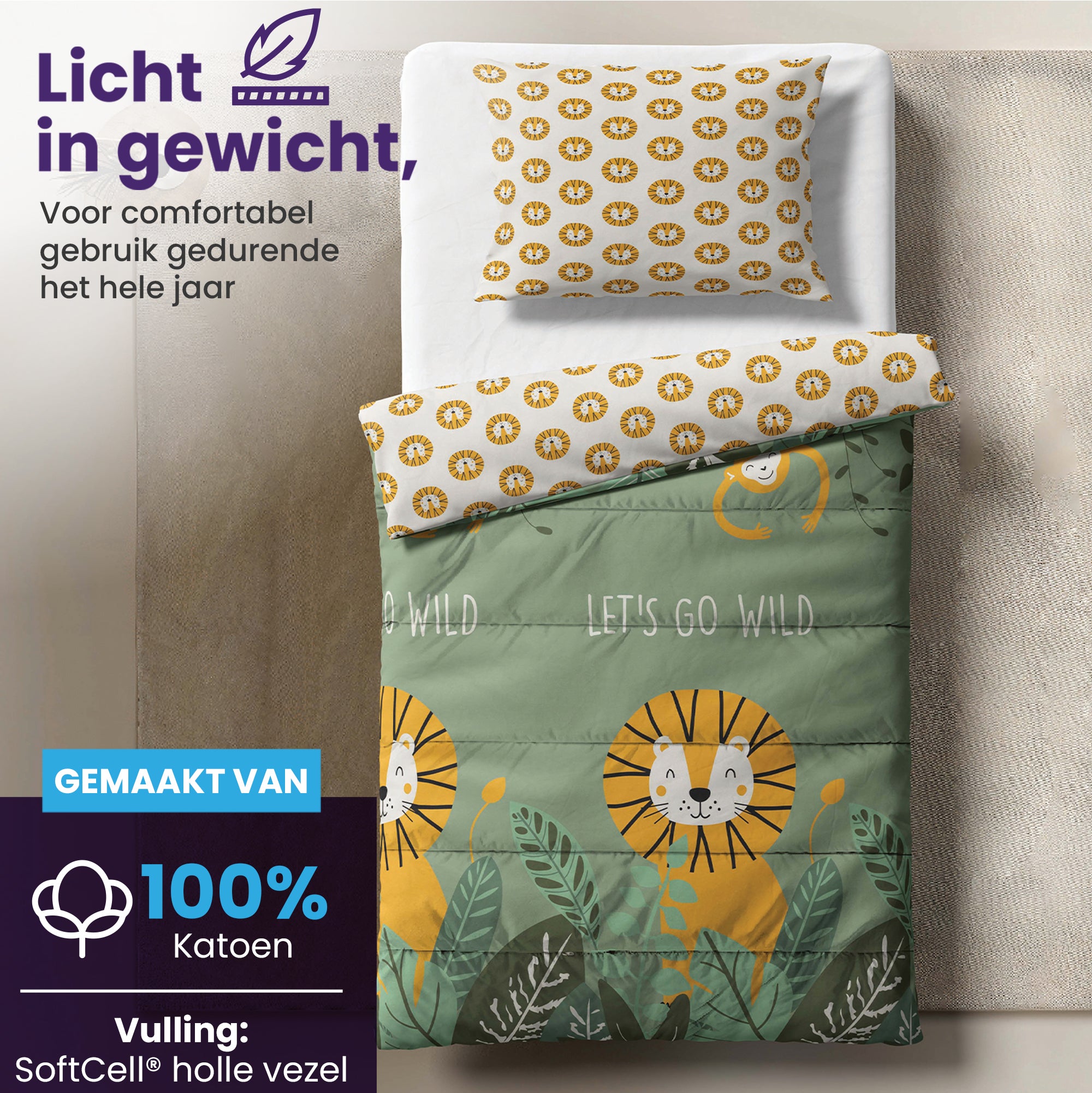 eazydekbed® Kinderdekbed 140x200 cm – Wild – Hoesloos & Wasbaar – Voor het hele jaar – 100% katoen + GRATIS kussensloop