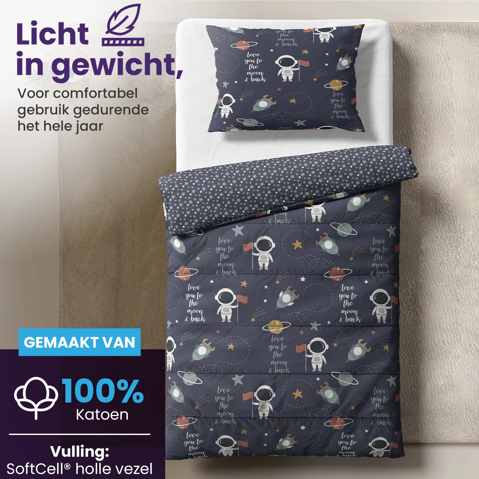 eazydekbed® Kinderdekbed 140x200 cm – Cosmo – Hoesloos & Wasbaar – Voor het hele jaar – 100% katoen + GRATIS kussensloop