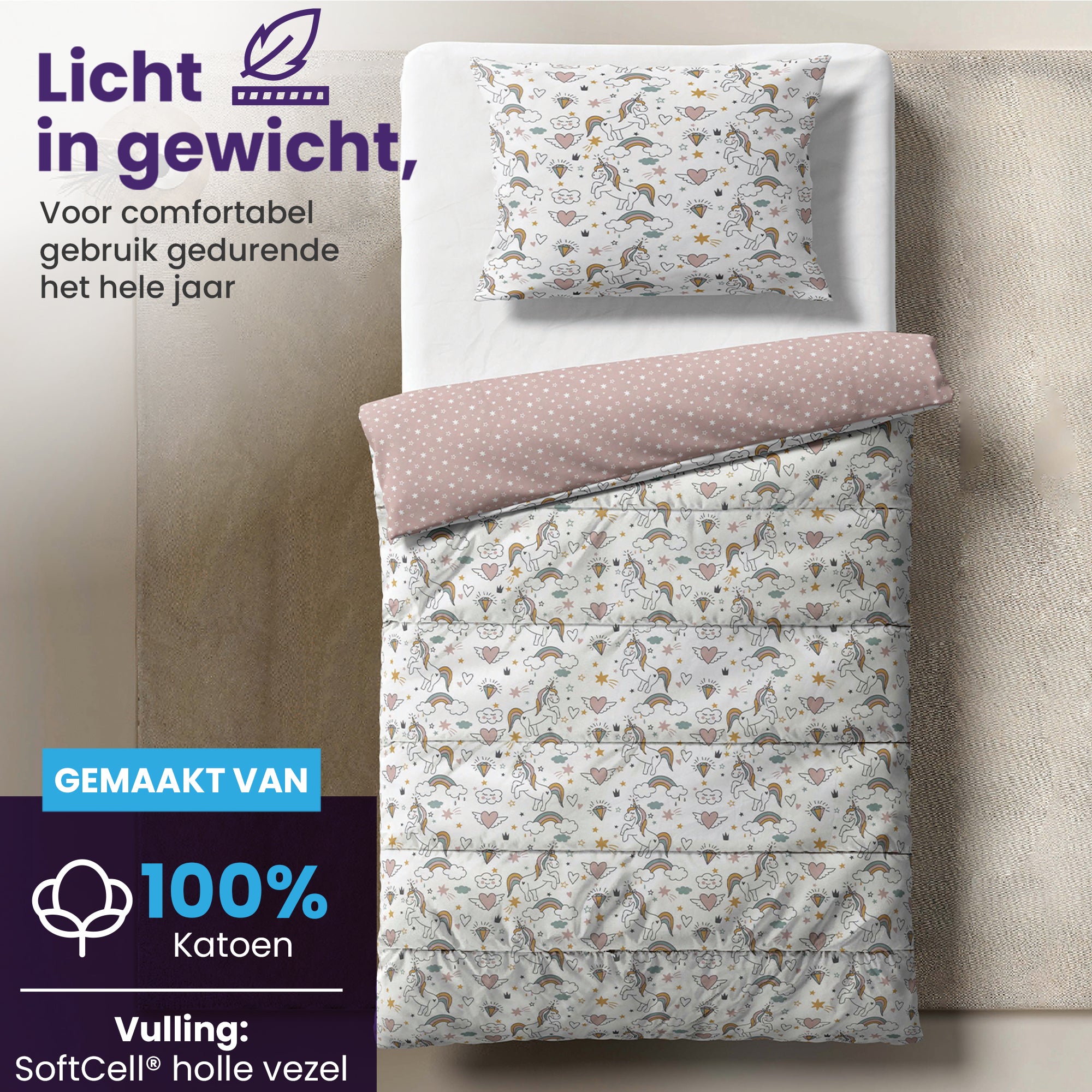 eazydekbed® Kinderdekbed 140x200 cm – Twinkle – Hoesloos & Wasbaar – Voor het hele jaar – 100% katoen + GRATIS kussensloop