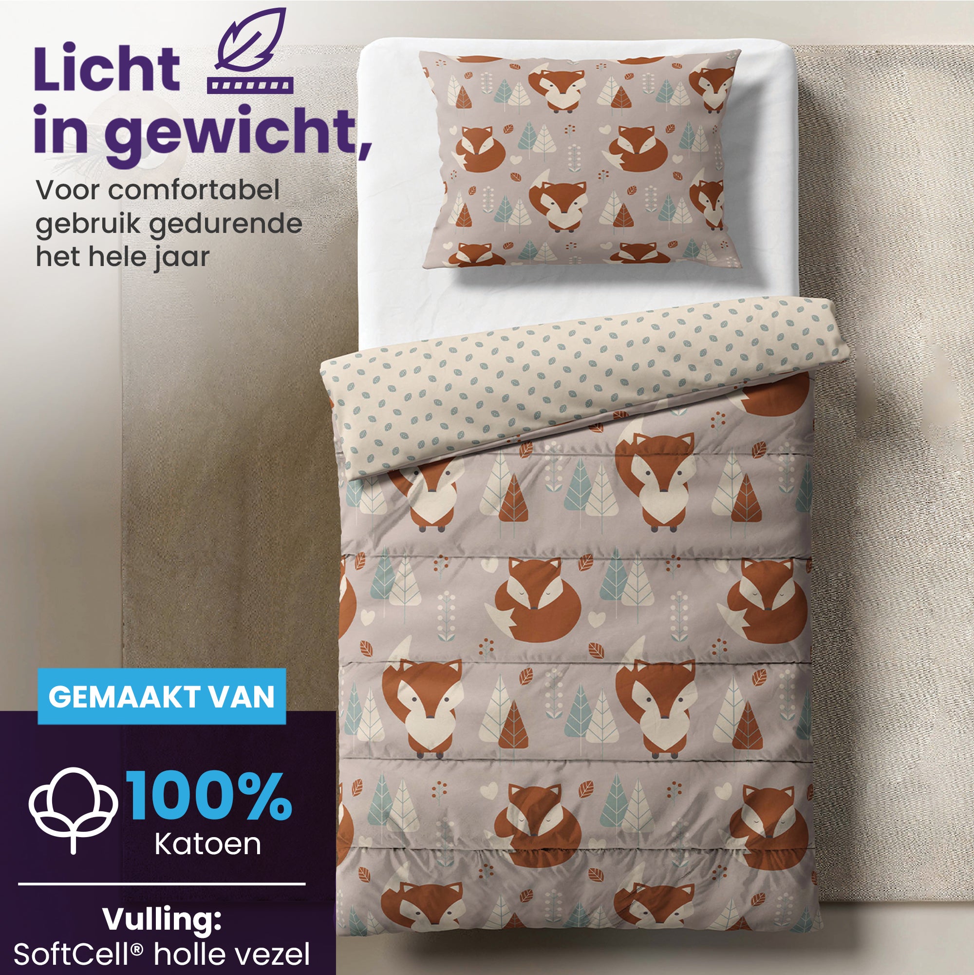 eazydekbed® Kinderdekbed 140x200 cm – Foxy – Hoesloos & Wasbaar – Voor het hele jaar – 100% katoen + GRATIS kussensloop