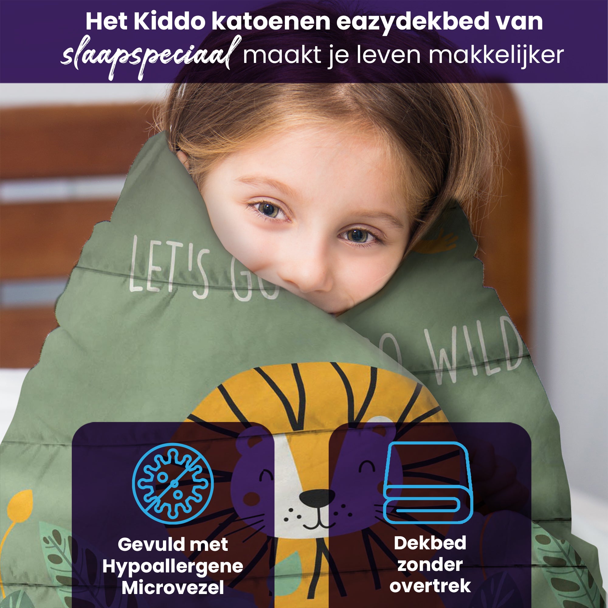 eazydekbed® Kinderdekbed 140x200 cm – Wild – Hoesloos & Wasbaar – Voor het hele jaar – 100% katoen + GRATIS kussensloop