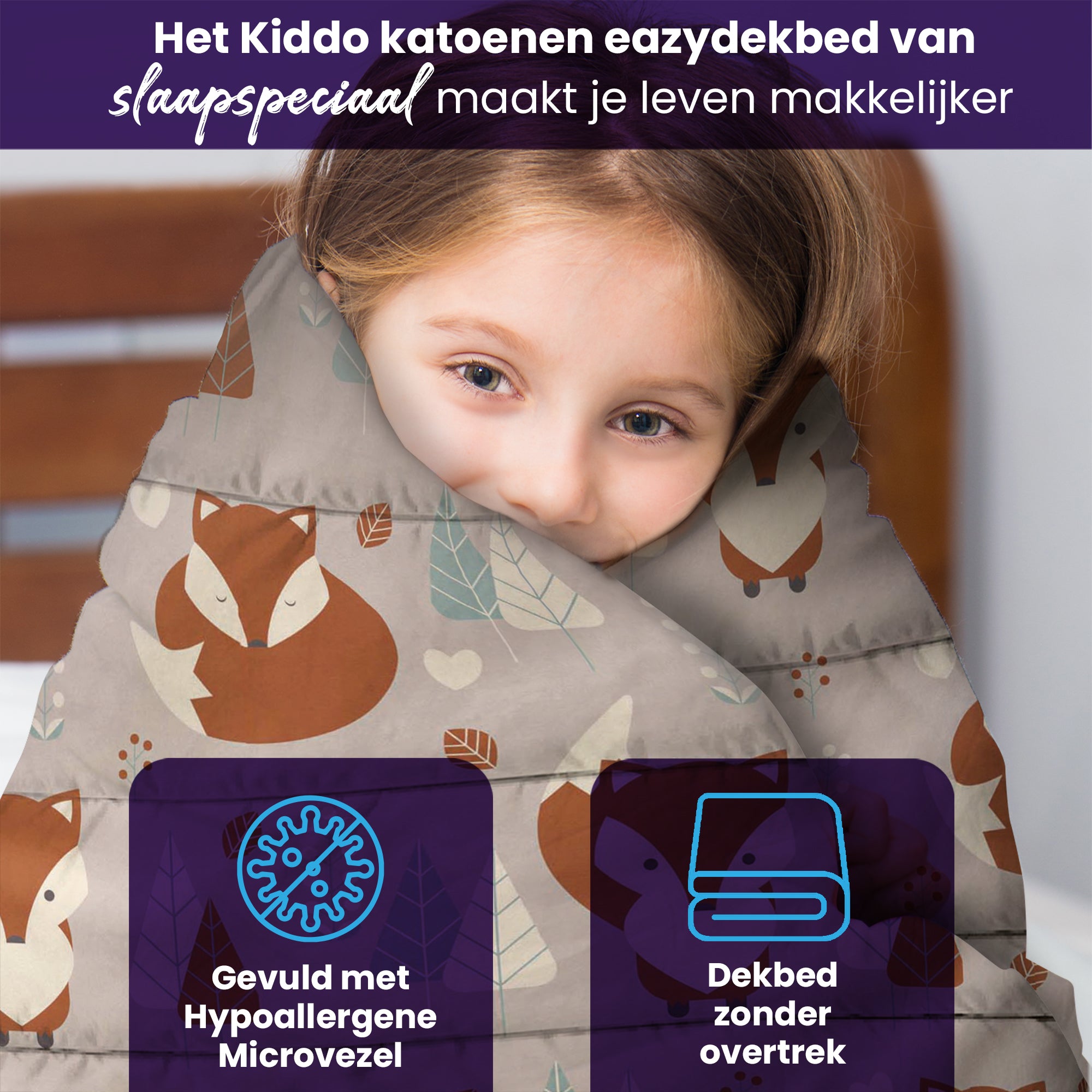 eazydekbed® Kinderdekbed 140x200 cm – Foxy – Hoesloos & Wasbaar – Voor het hele jaar – 100% katoen + GRATIS kussensloop