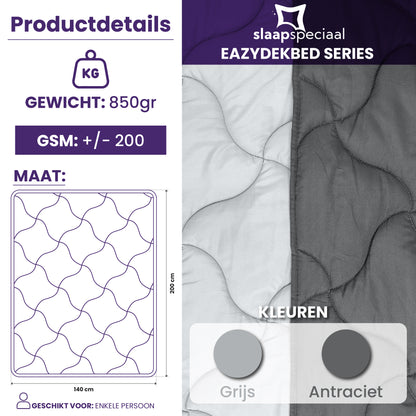Slaapspeciaal Eazydekbed ® Series - Zomerdekbed - Dekbed zonder overtrek - Hoesloos dekbed  - Antraciet/Grijs
