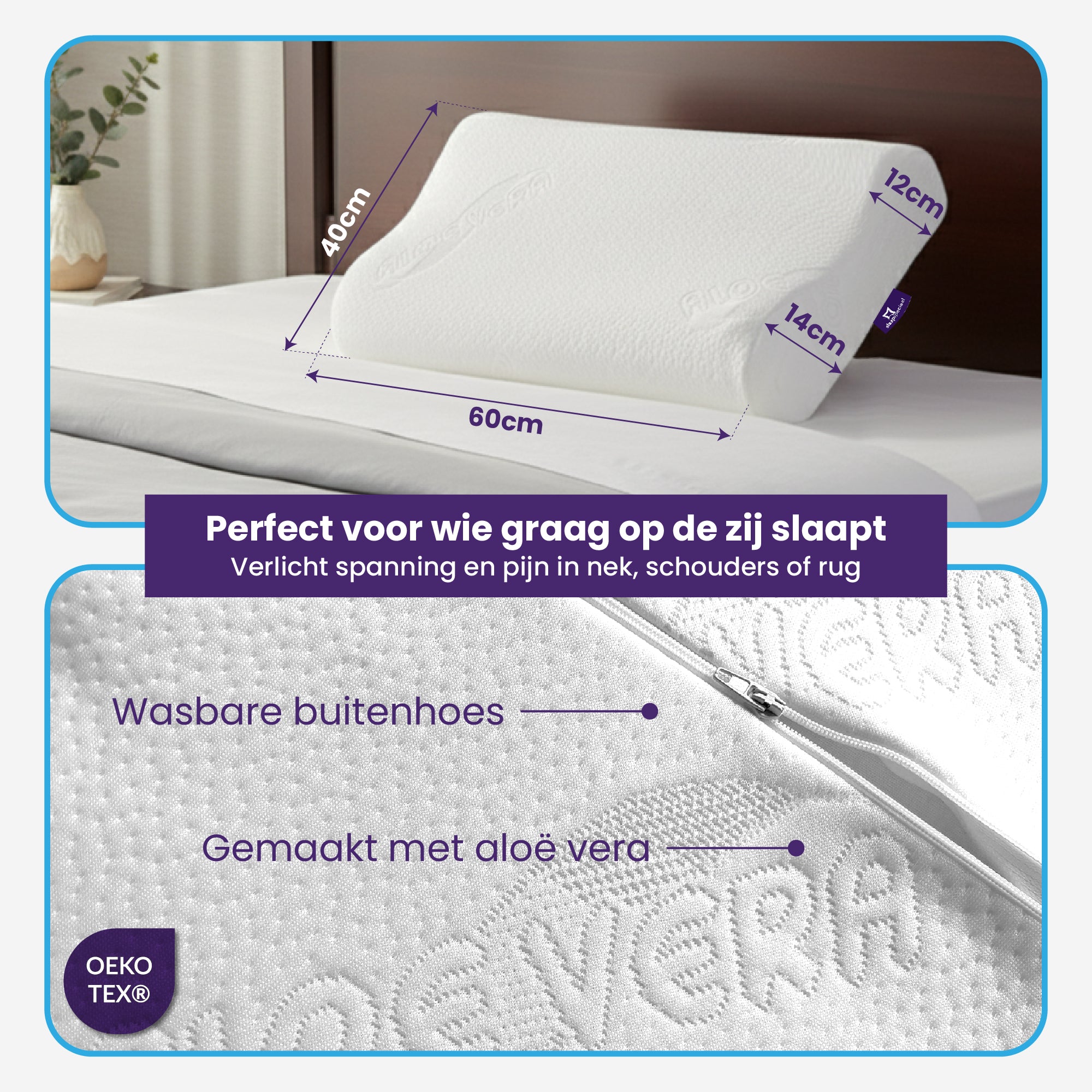 Slaapspeciaal Aloe Vera Hoofdkussen - 60x40x14/12 cm - Nekkussen - Traagschuim