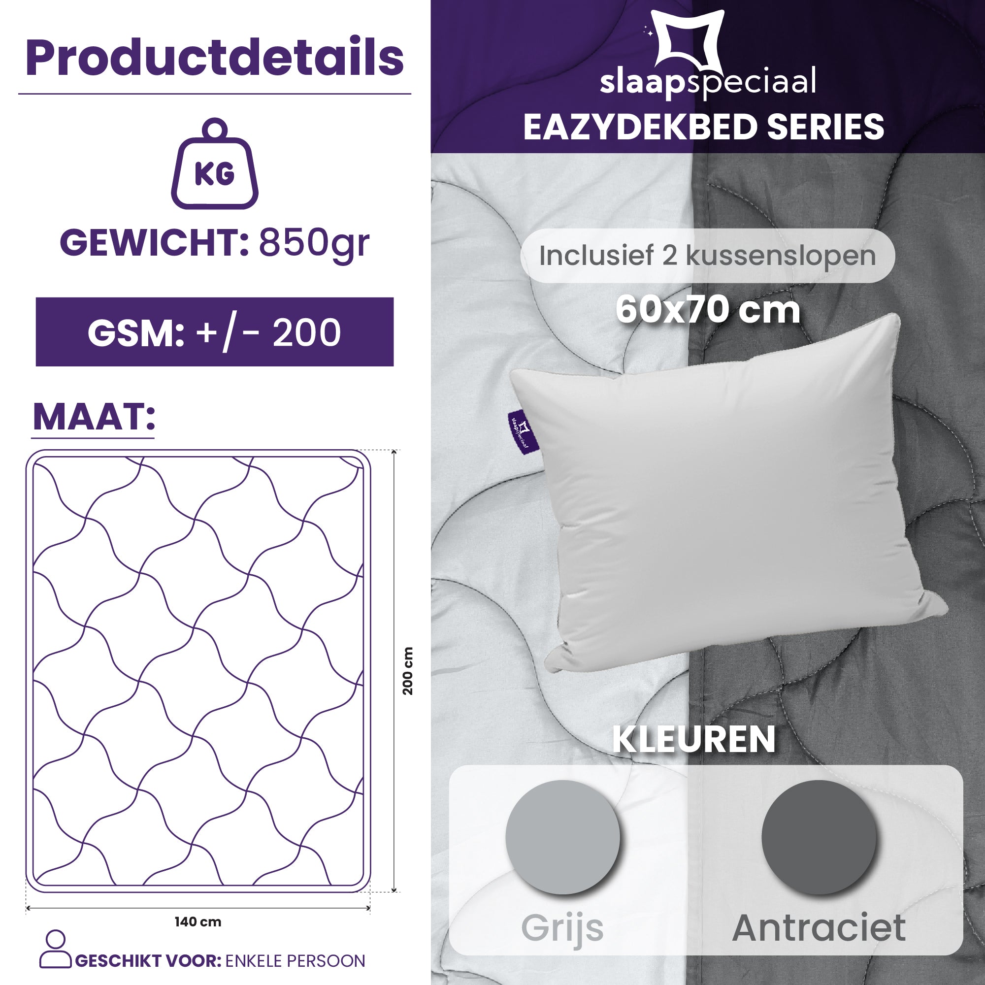 eazydekbed® - Zomerdekbed - Antraciet/Grijs + Gratis Kussenslopen