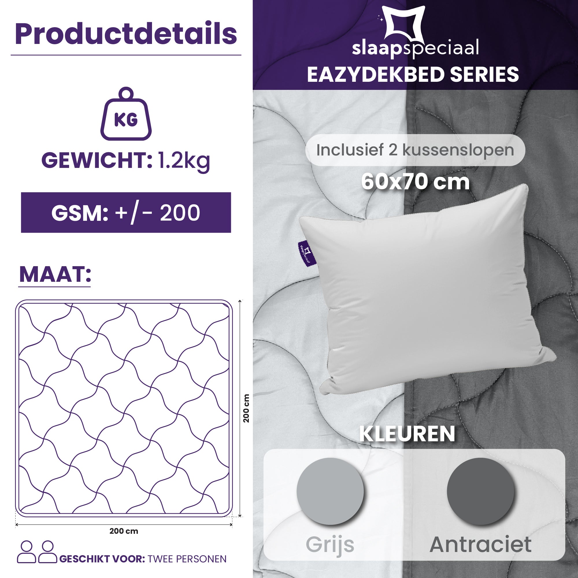 eazydekbed® - Zomerdekbed - Antraciet/Grijs + Gratis Kussenslopen