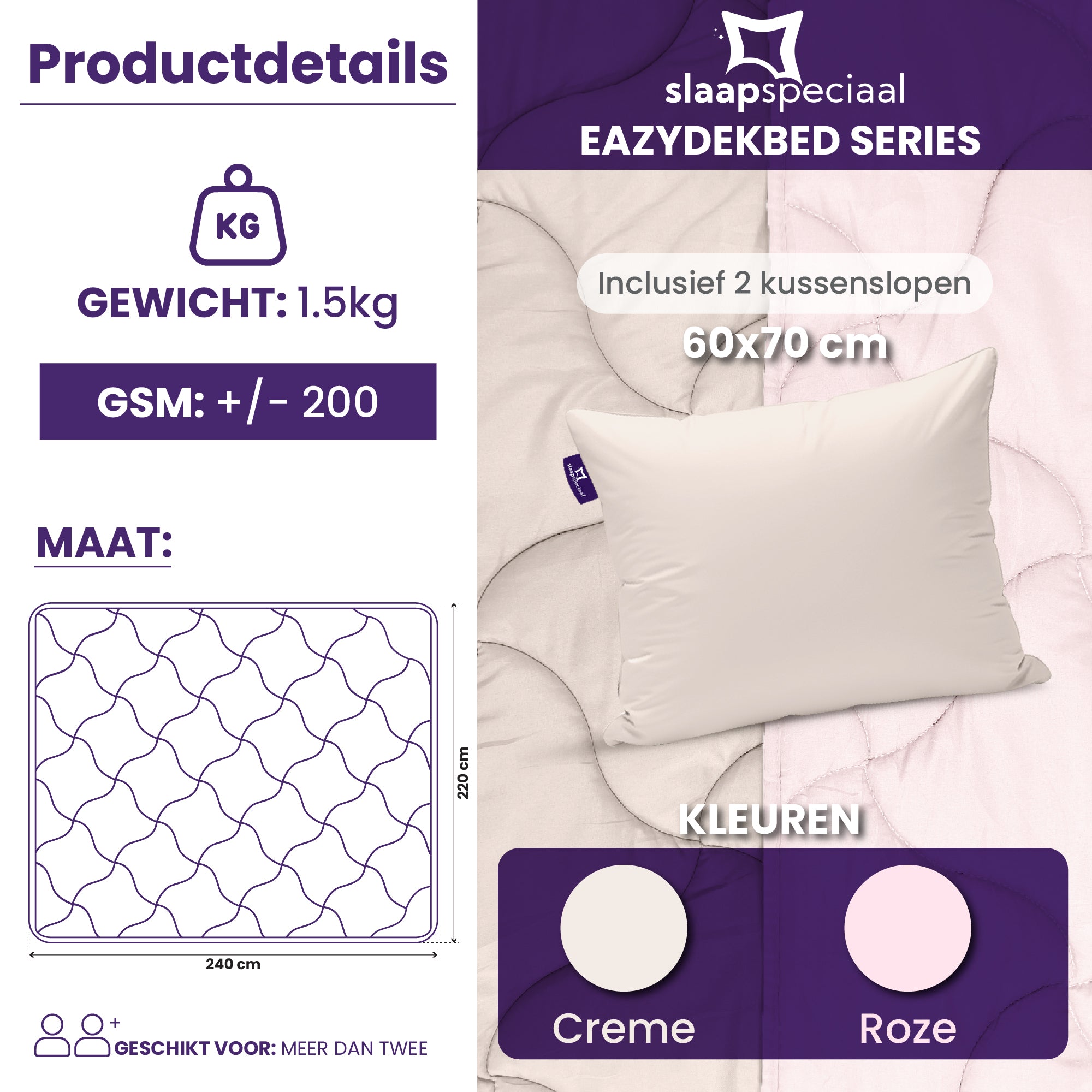 eazydekbed® - Zomerdekbed - Roze/Crème + Gratis Kussenslopen