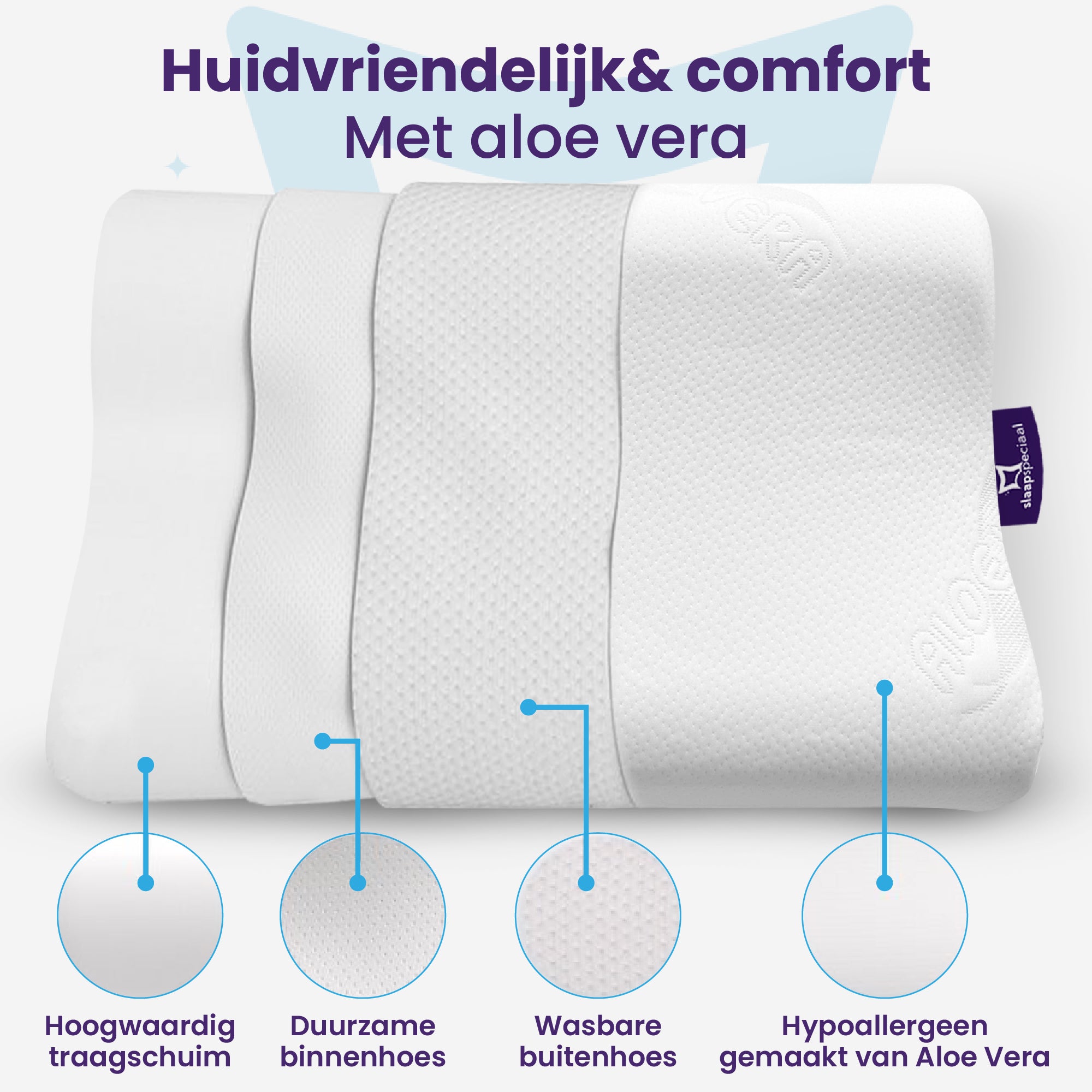 Slaapspeciaal Aloe Vera Hoofdkussen - 60x40x14/12 cm - Nekkussen - Traagschuim